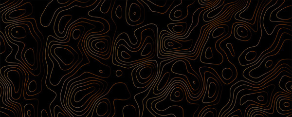 Topographic map contour lines in copper and gold on a solid black background, abstract geographic elevation pattern © BiSMiLLAH