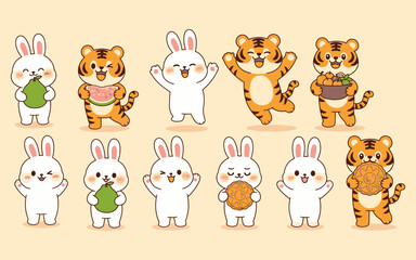 Naklejka premium Cute cartoon rabbits and tigers celebrating Mid-Autumn Festival with mooncakes and fruits vector illustration set Mid-Autumn Festival
