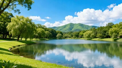 Obraz premium Peaceful natural landscape of calm lake surrounded by lush green grass trees and distant green mountains under bright blue sky with fluffy white clouds