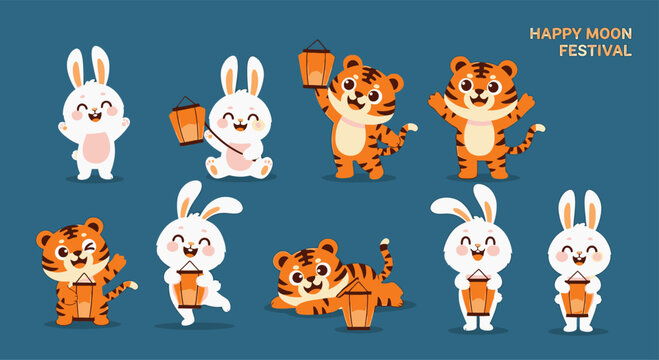 Happy Moon Festival vector illustration featuring cute rabbits and tigers holding lanterns on blue background Mid-Autumn Festival