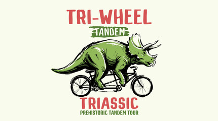 Dinosaur riding bike.. Vintage prehistoric tour.. Triceratops tandem design. © rahel lila