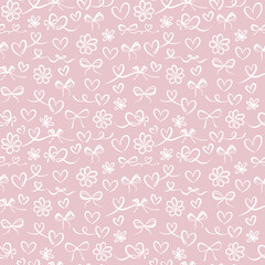 Naklejka premium Pink heart bows romantic seamless vector pattern tile, cute hand drawn doodle valentine wrapping paper repeat
