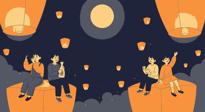 Friends celebrating Mid-Autumn Festival with tea and floating lanterns under full moon vector illustration Mid-Autumn Festival