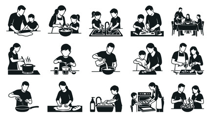 Fototapeta premium Family Cooking Kitchen Activities Glyph Icons. Food Preparation, Baking, Dishwashing Silhouette Vector Set.