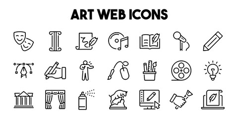 Naklejka premium Art and Culture Creative Tools Line Icons Set Editable Vector Illustration Isolated on Transparent Background.