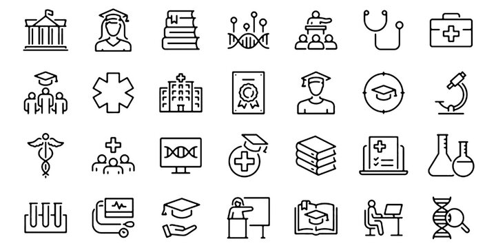 Medical Education and Healthcare Line Icons Set Editable Vector Illustration Isolated on Transparent Background.