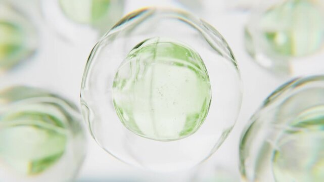 Green aloe vera serum bubbles. Organic eco skincare cosmetics macro 3D abstract background. Natural moisturizer essence gel drops. Collagen fluid molecule, detox peptide face lotion for skin renewal