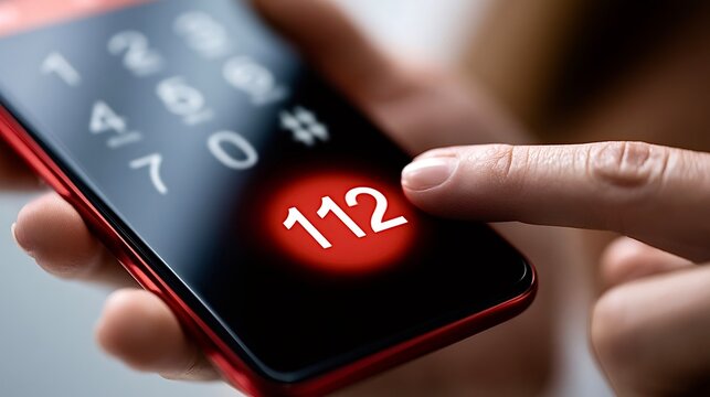 Hand pressing 112 emergency number on smartphone screen