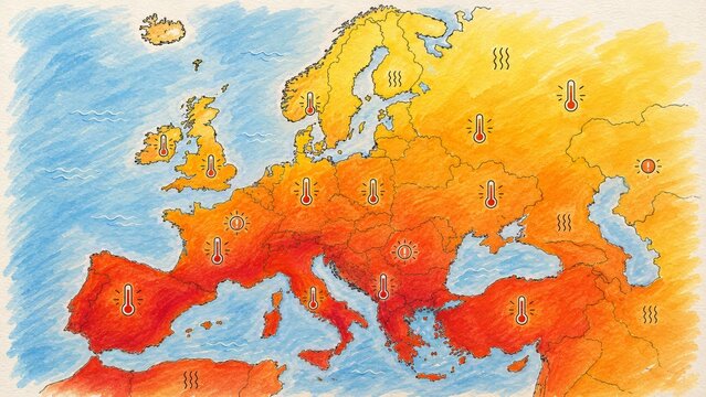 Hand drawn Europe summer heat map with thermometer warnings showing weather anomaly, extreme temperature zones, climate change impact and electricity crisis concern across the continent