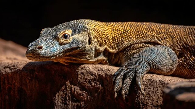 A close-up of a large lizard, resting on a rock, with detailed scales and claws visible