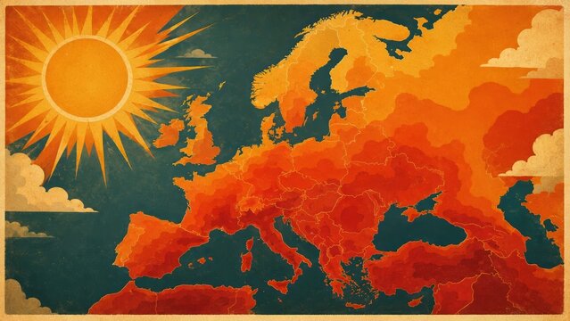 Vintage Europe heat wave poster with blazing sun and orange climate map showing summer weather anomaly, drought risk, energy demand pressure and electricity crisis theme across continent