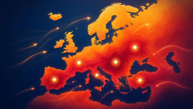 Europe heat wave forecast map with hot air flow arrows and sun warning icons showing summer weather anomaly, climate change pressure, energy demand spike and electricity crisis across cities