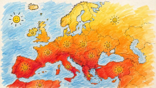 Watercolor Europe summer heat map with smiling sun icons and warm weather zones showing seasonal weather anomaly, climate change pressure and electricity demand rise across regions
