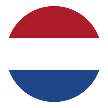 Netherlands flag button PNG presenting a minimalist circular design of horizontal red, white, and blue stripes.