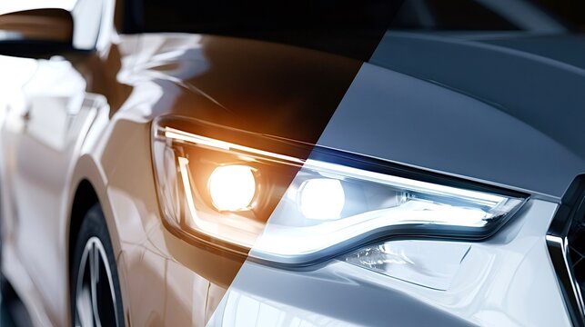 Car headlight technology comparison displaying led and halogen lighting