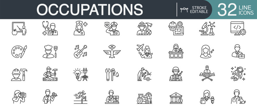 Occupations and professions line icon vector set featuring various career characters, jobs, and employee avatars with editable stroke.