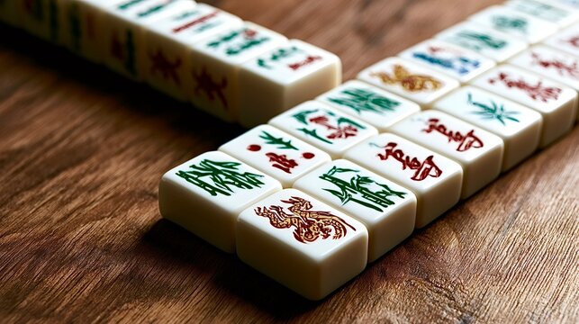 Traditional mahjong game tiles on wooden background