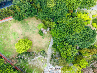 Aerial Top View of Urban Park with Lush Greenery and Pathways © zhouyilu
