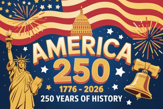 Vibrant illustration celebrating americas 250th anniversary with patriotic symbols and fireworks