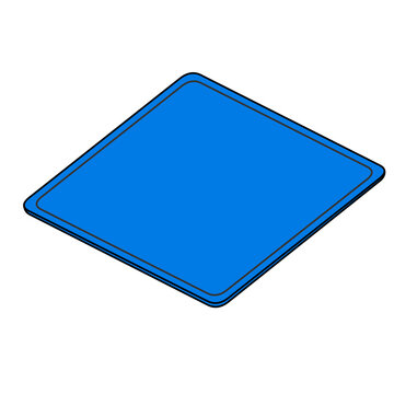 Blue mouse pad icon rotated at a diagonal angle flat vector illustration of a simple rectangular desk mat with stitched edge detail for computer accessory and office desk design projects
