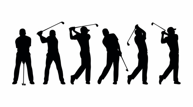 Golf player silhouette set, professional golfer swing motion sequence vector, black male athlete figures in various golf poses on white background
