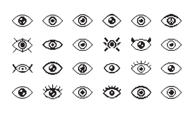 Large set of pixel art eye icons with various designs and abstract elements for different looks.