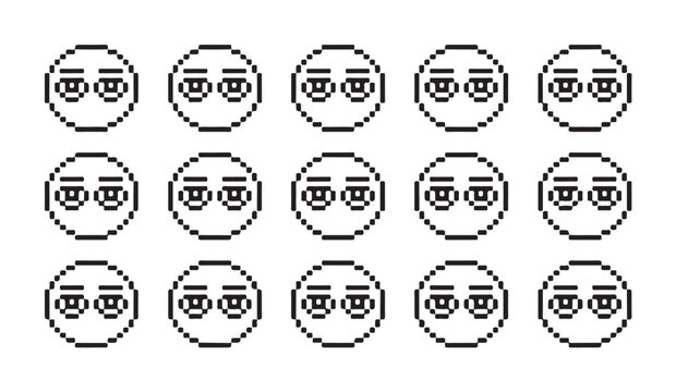 Repeat pattern of pixel art smiley faces with squinting eyes, representing different moods or reactions.