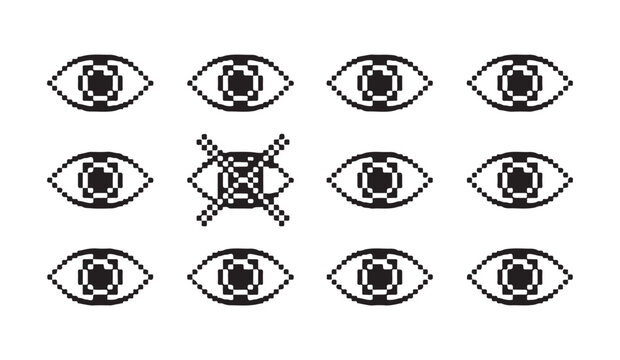 Assorted pixel art eye icons with diverse geometric iris patterns for ui graphic elements.