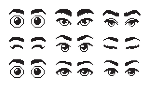 Set of pixel art eyes with eyebrows isolated on white background collection of facial features.