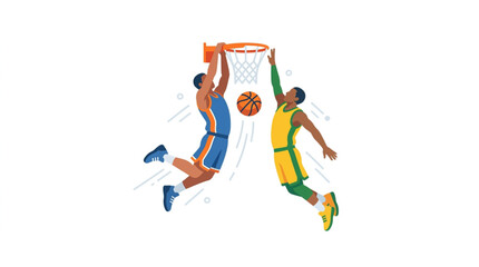 Two basketball players jumping high to score a slam dunk. © Tayu