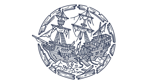 Two ancient sailing ships in a circular frame.