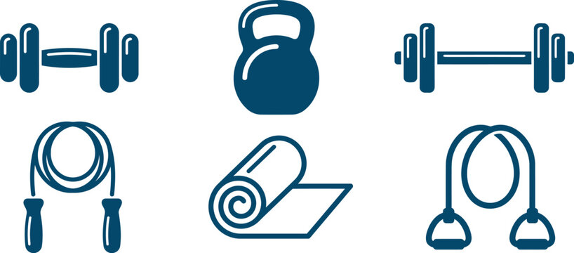 A collection of six dark blue fitness equipment icons including a dumbbell kettlebell barbell jump rope yoga mat and resistance exercise bands