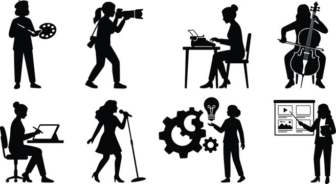 Creative Professional Women Silhouette Set with Artistic and Career Occupations