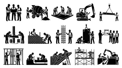 Obraz premium Construction Industry Workers, Building Processes, and Heavy Equipment Glyph Silhouette Icons Set