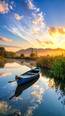 Obraz premium Boat on river sunset.