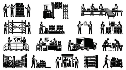 Obraz premium Warehouse and Logistics Icons: Workers, Forklifts, Conveyor Belt - Black and White Line Art