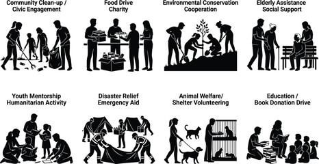 Fototapeta premium Community Volunteer Activities Silhouette Set Featuring Charity Support Education Conservation and Humanitarian Aid