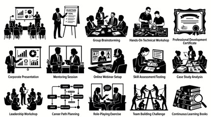Fototapeta premium Business Meeting Training Icons: Corporate Presentation, Mentoring, Workshop, Certificate, Team Building