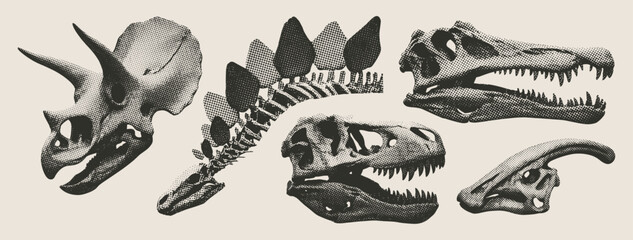 Vintage Dinosaur Skulls Collection in Retro Halftone Style © Satoru Sketches