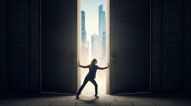 Businesswoman pushing open massive stone doors to reveal a glowing futuristic city, symbolizing corporate innovation and opening new markets.