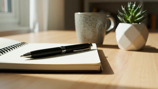 Notebook lies open with a black pen resting on the page near a small green succulent plant.