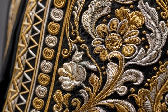Intricate floral and geometric embroidery on charro jacket, gold and silver thread detail.