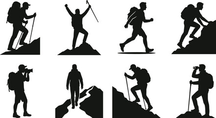 Fototapeta premium Hiking and Mountain Adventure Silhouette Collection Featuring Trekking Exploration and Outdoor Activities