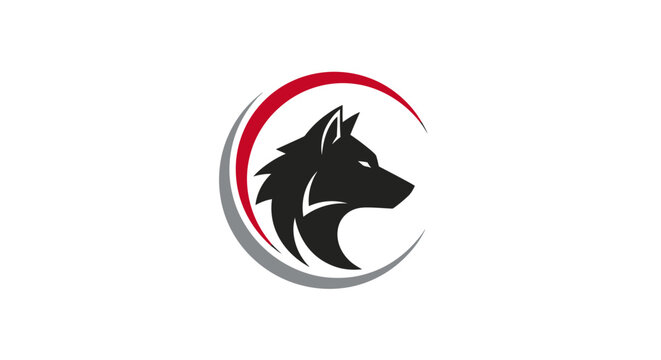 Stylized wolf head inside crescent shape logo design on white background