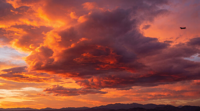 Dramatic fiery sunset clouds over mountain peaks with a distant airplane silhouette