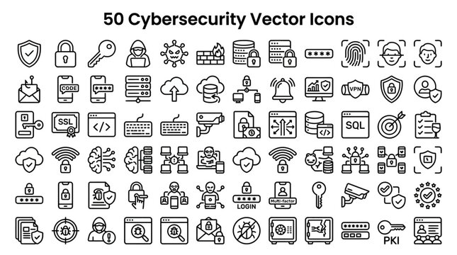 Comprehensive Collection of Cybersecurity Vector Icons Featuring Network Security Data Protection Encryption and Digital Privacy Symbols