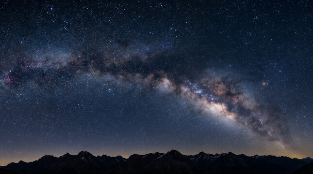 The Milky Way galaxy stretching across a starry night sky over dark mountain peaks