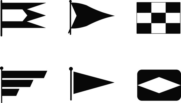 Black flag silhouette collection featuring nautical, racing, and signal designs with geometric shapes and pennants for communication, sport, and graphic branding illustration