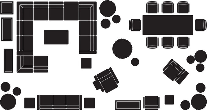 Furniture top view silhouette set including sofas dining tables chairs and coffee tables for interior design floor plan layout planning isolated on white background vector