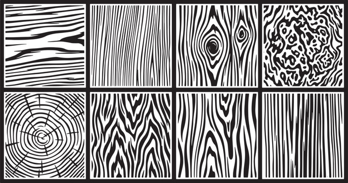 Set of eight black and white wood grain textures featuring various organic patterns and tree ring designs for graphic design projects as a vector illustration